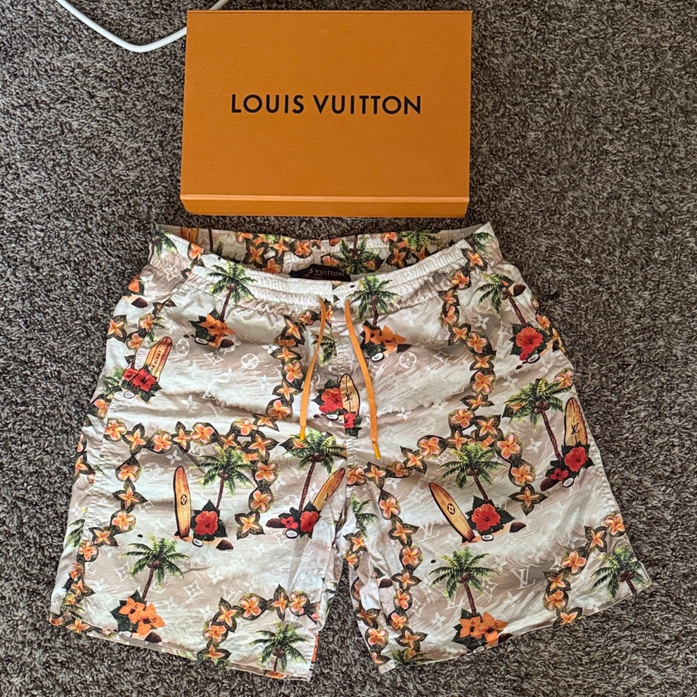 Louis Vuitton Beige Tropical surf Swim Shorts with Orange mediums worn 1 time